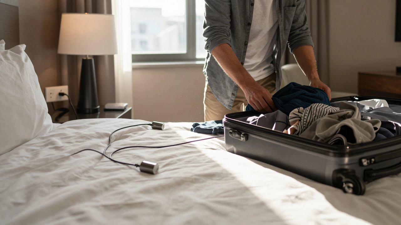 Турист собирает чемодан и замечает зарядку в розетке.