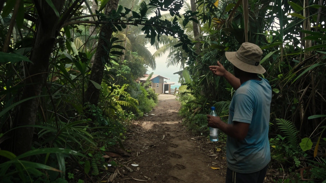 Узкая тропа в джунглях, местный рыбак держит бутылку воды, указывая на путь к скрытому пляжу.