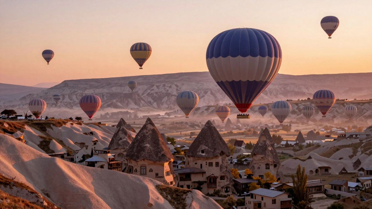 Воздушные шары над скальными образованиями Каппадокии на рассвете, в розовом свете.
