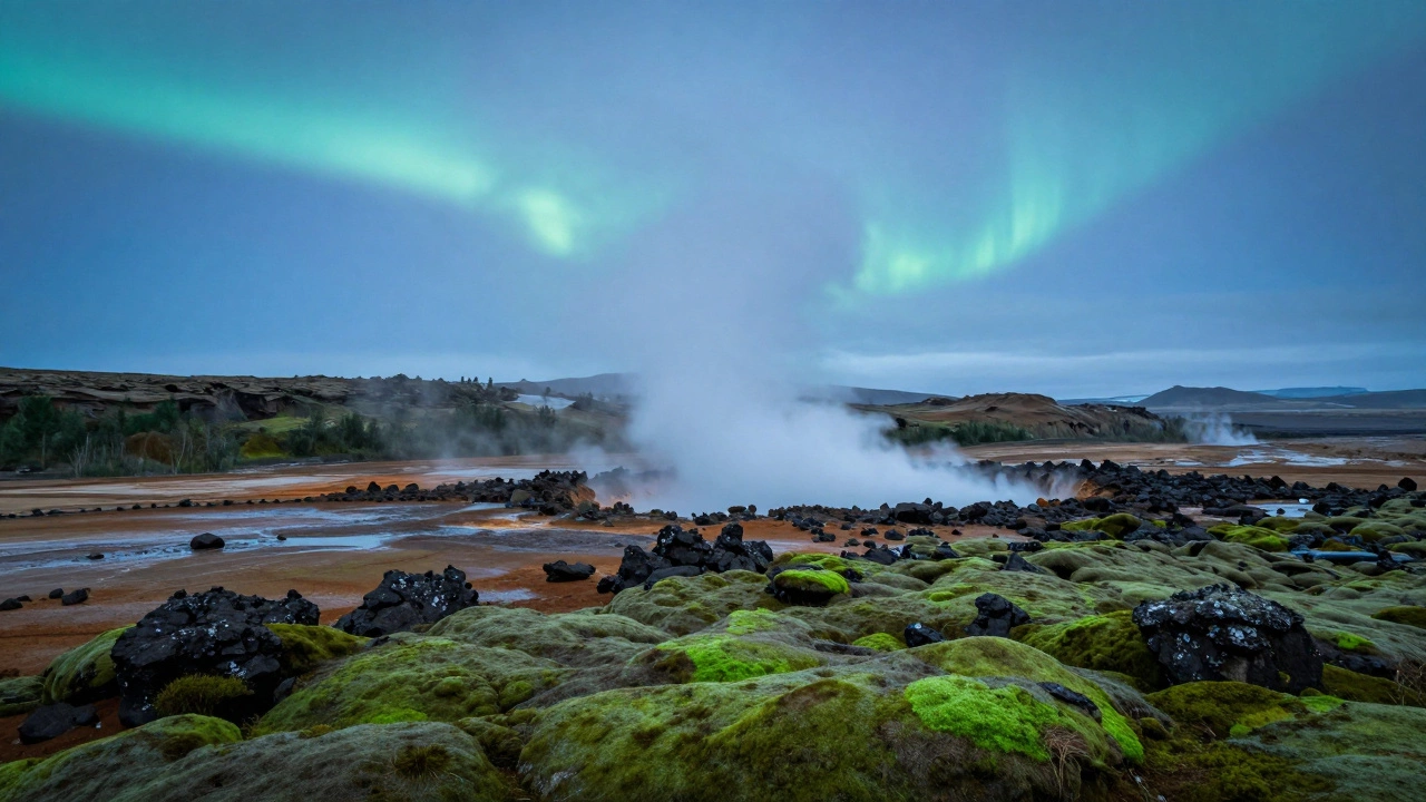 Драматический пейзаж Исландии с гейзером и северным сиянием над вулканической почвой