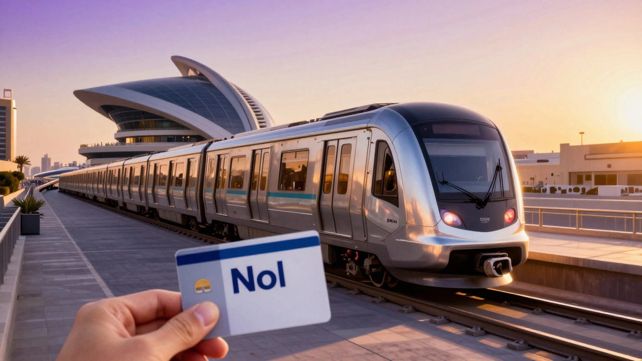 Дубайское метро на фоне Музея Будущего в лучах закатного солнца