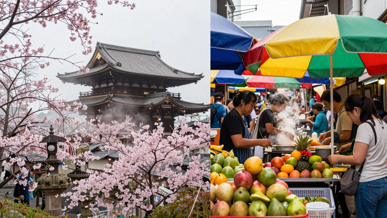 Сравнение спокойного храма в Киото с цветущей сакурой и шумного рынка в Бангкоке
